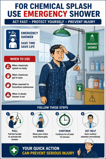 For Chemical Splash – Use Emergency Shower